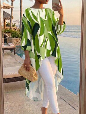 Green Boho Women's Casual Plus Size Woven Tunic Blouse